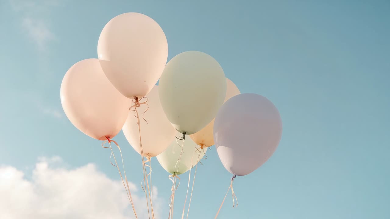Klynge af syv pastelballoner, der driver afsted, let brise, der løfter dem på en blå himmel, båndene blafrer