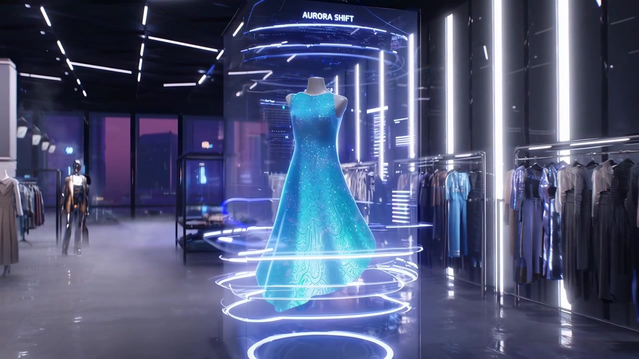 Holographic Blue Dress Displayed in Futuristic Fashion Boutique