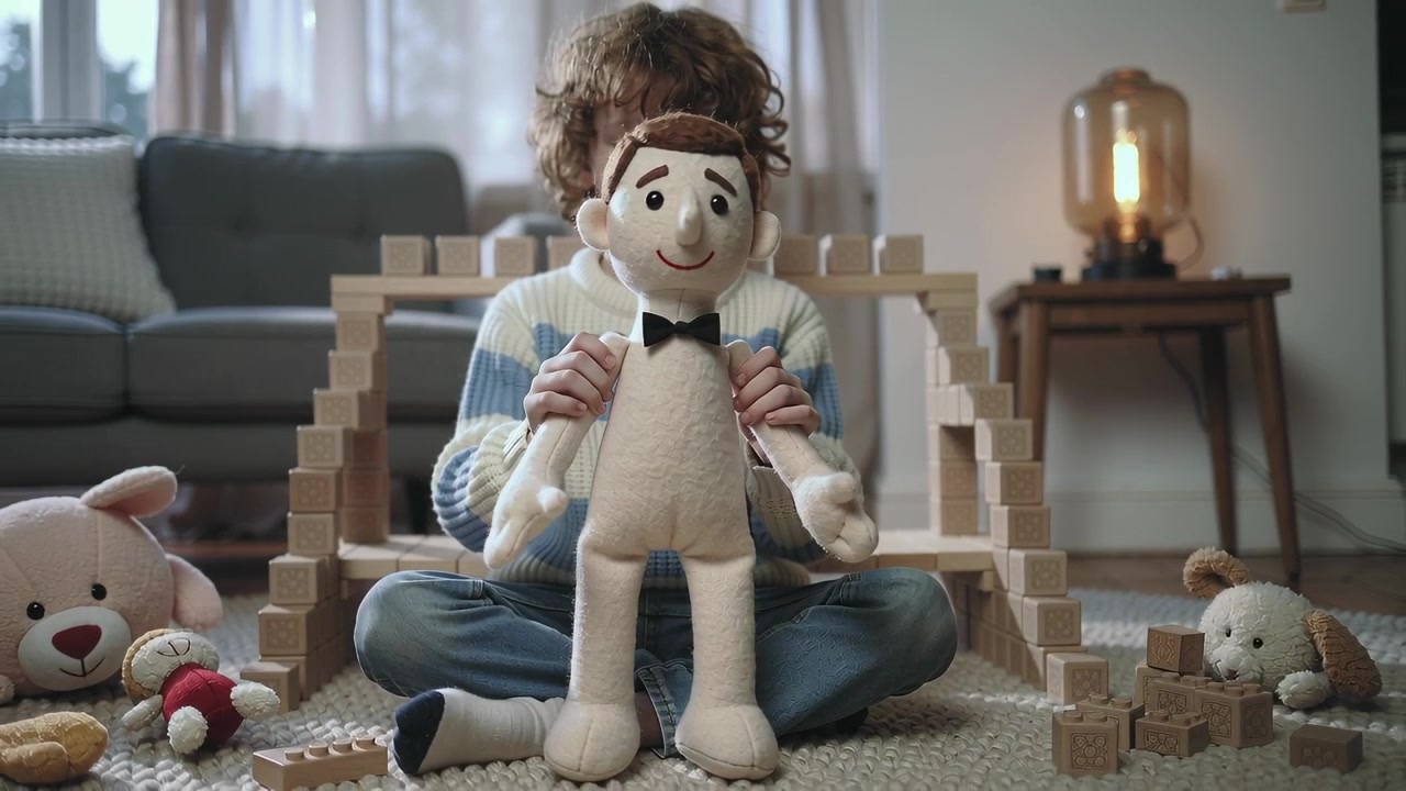 Inclinado, un niño con suéter levanta un títere de peluche sobre una alfombra en casa para posar, junto a un arco de madera