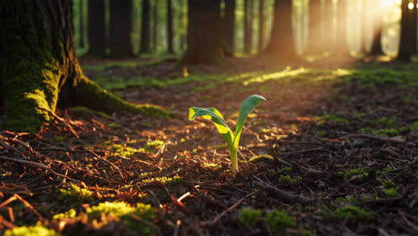 sprout in forest at sunrise