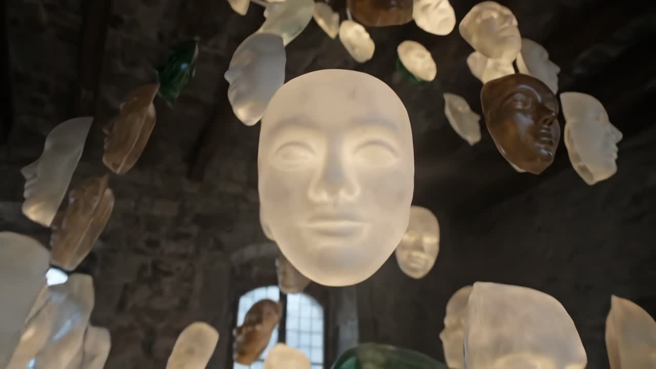 Installazione artistica di numerosi volti in una stanza di pietra
