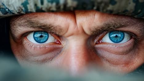 a close up of a man's face with blue eyes