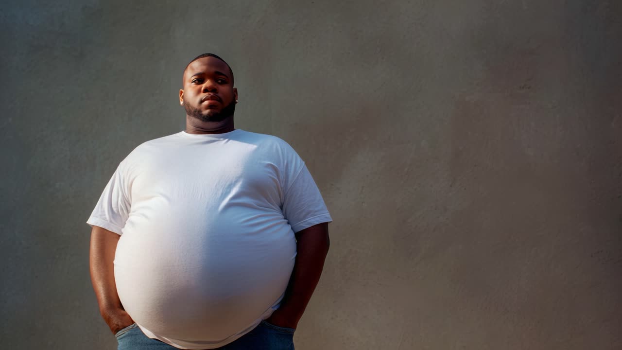 A confident man in a white t-shirt stands with his hands in his pockets against a textured gray wall, exuding self-assurance and presence in both frames of the sequence