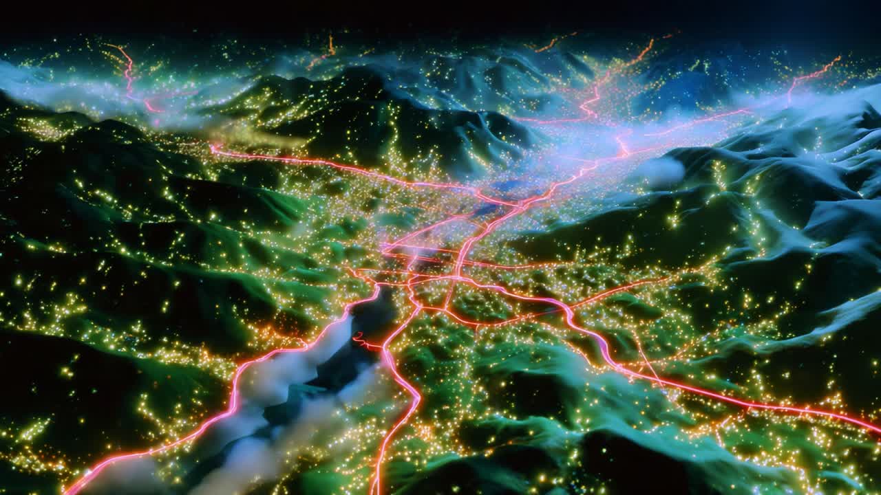 A Stunning Aerial View of a Vibrantly Lit Landscape Featuring Twinkling Lights and Illuminated Roads, Capturing the Beauty and Complexity of Urban Design in a Beautifully Rendered Night Scene