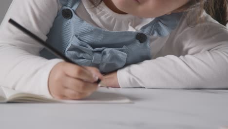 studio shot of young girl at table writing in school book 2