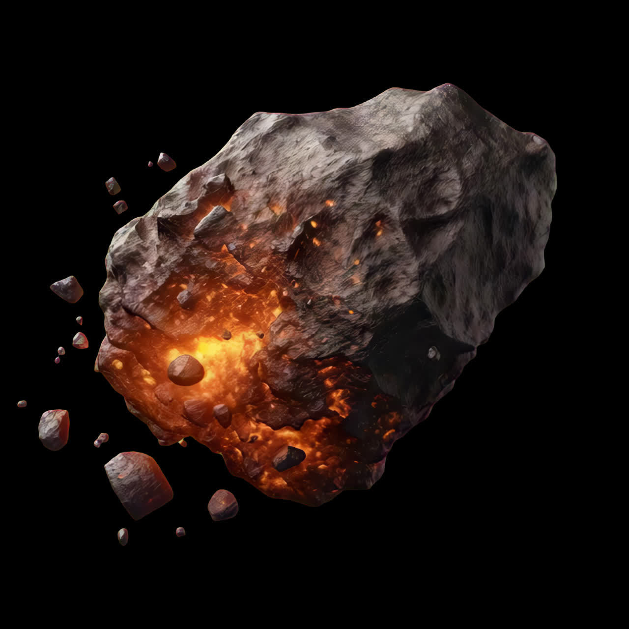 Fiery meteorite in space animation isolated asset, transparent 4K video, alpha channel, ProRes 4444