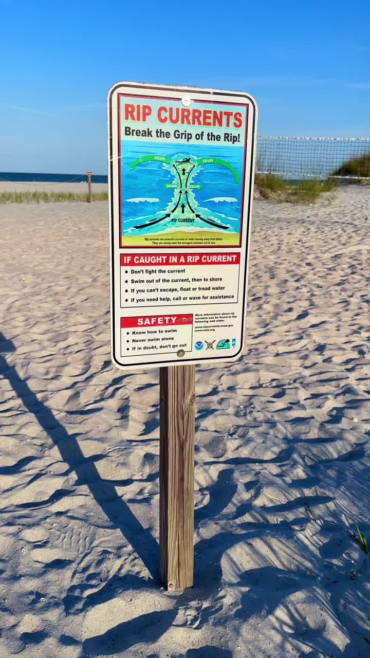 Coastal hazard sign provides swimming guidance to avoid dangerous rip tides