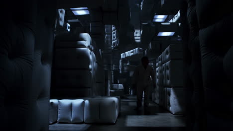 a person wanders through a surreal, dimly lit maze of white padded cubes