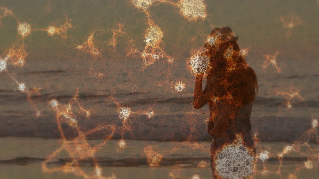 Silhouette of person taking photo over abstract glowing network animation