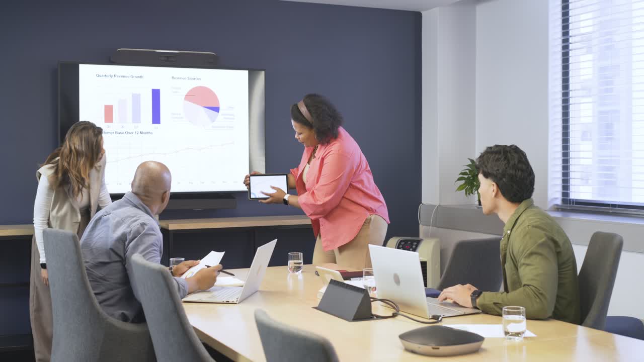 Entering meeting room, mid adult Black female presenter tapping tablet, explaining charts on screen