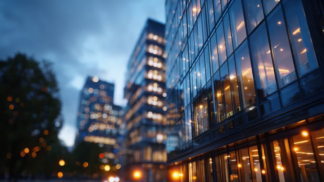 Contraste visual impressionante da arquitetura moderna: uma paisagem urbana noturna que exibe janelas brilhantes e ambiente urbano contra um céu crepuscular
