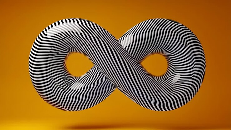 Abstract 3D Infinity Symbol with Black and White Stripes on Orange Background
