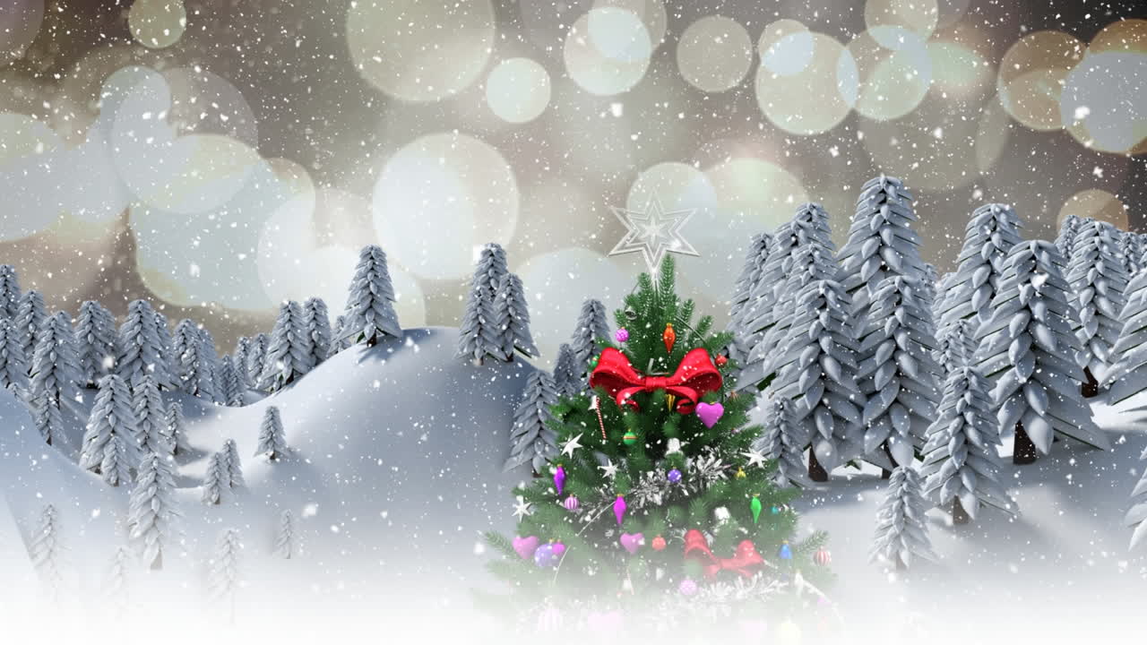 장식된 크리스마스 트리와 눈이 떨어지는 애니메이션, 불명확한 불빛과 겨울 풍경.