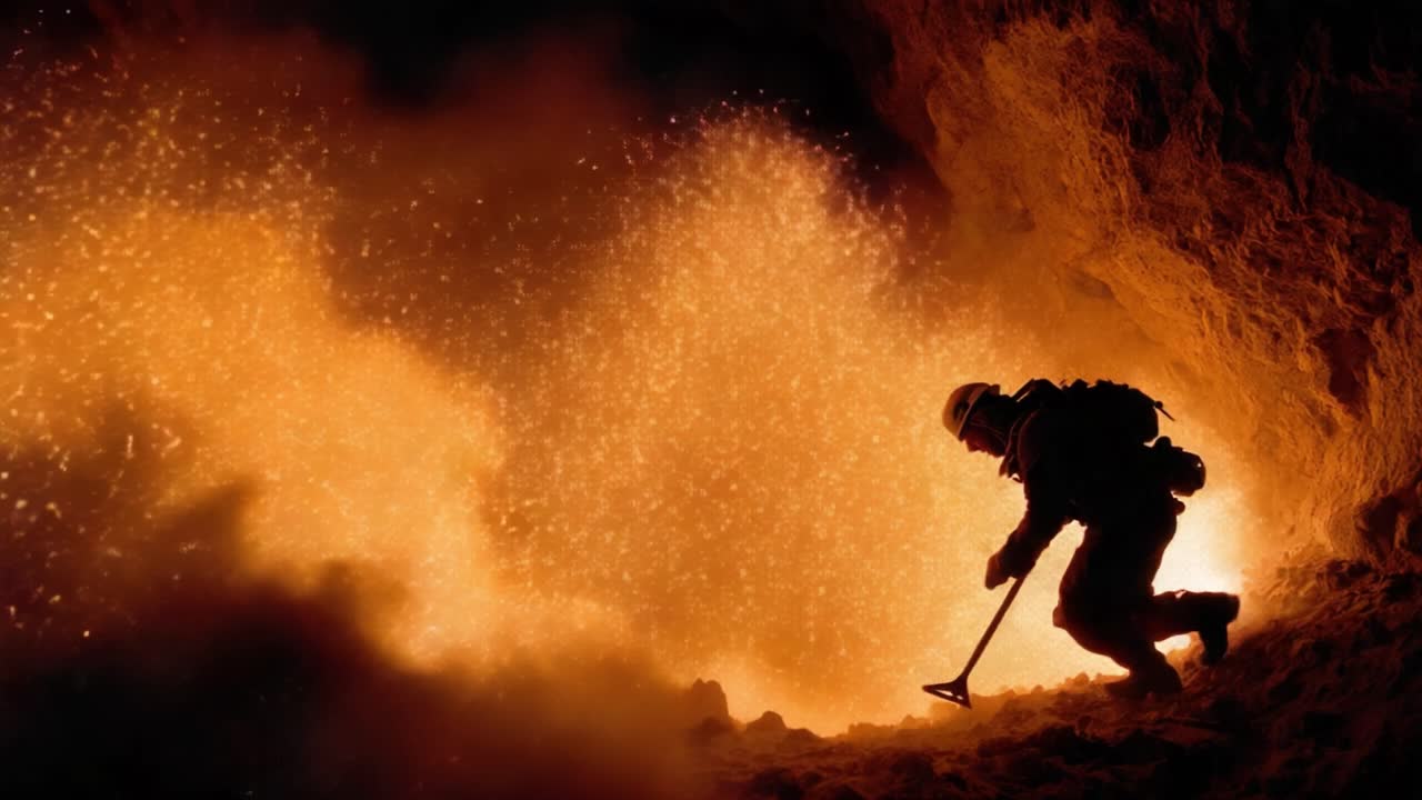 An Intrepid Explorer Navigates a Fiery Cavern, Sifting Through Molten Sparks and Ashes, Capturing the Essence of Adventure and Resilience in Extreme Environments