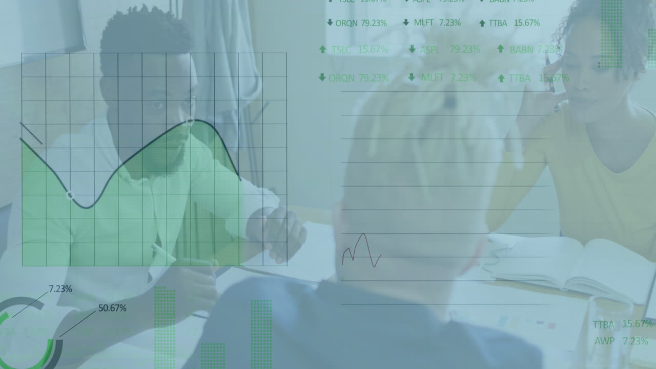 animación de gráficos sobre diversos empresarios en la oficina