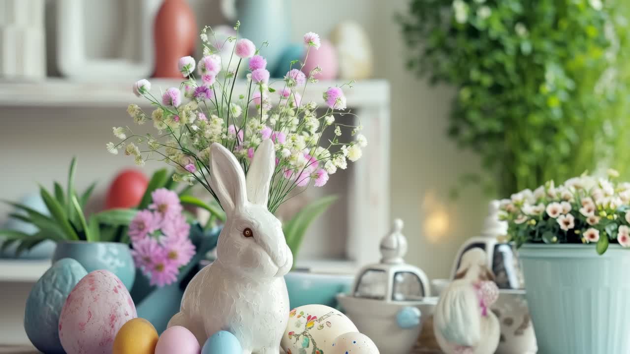 Easter bunny figurine with flowers and colorful eggs decorating a table with spring flowers and plants, celebrating Easter and springtime holidays in a cozy home setting