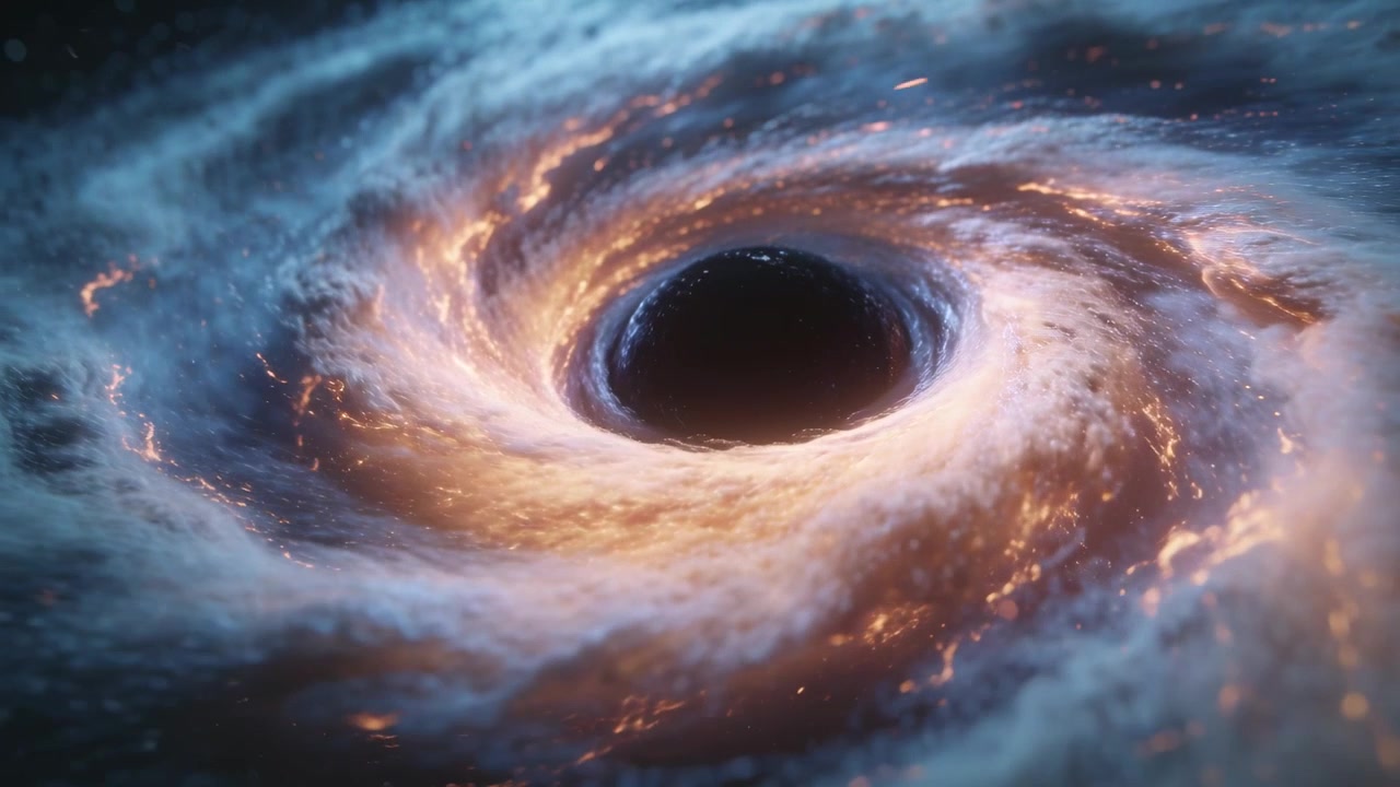 Rotating black hole accretion disk spiraling inward in outer space, gravity pulling flares