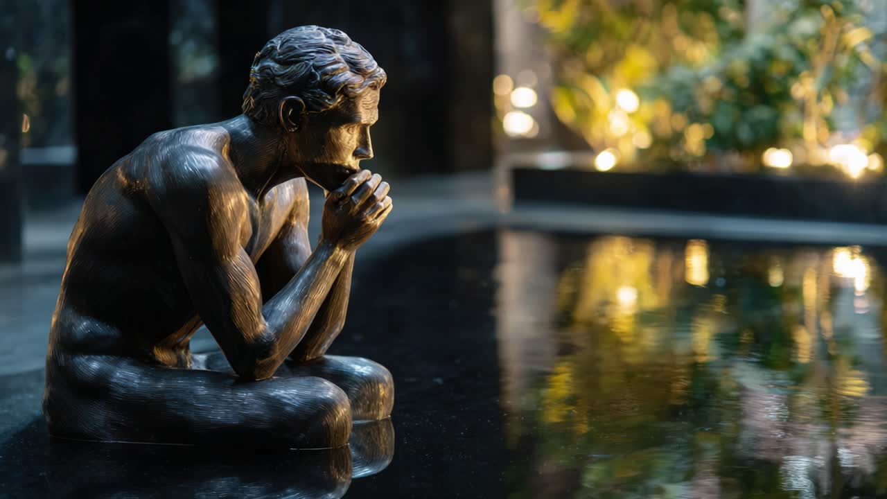 A contemplative bronze statue reflecting tranquility beside a serene body of water, surrounded by lush greenery and soft ambient lighting in a tranquil setting