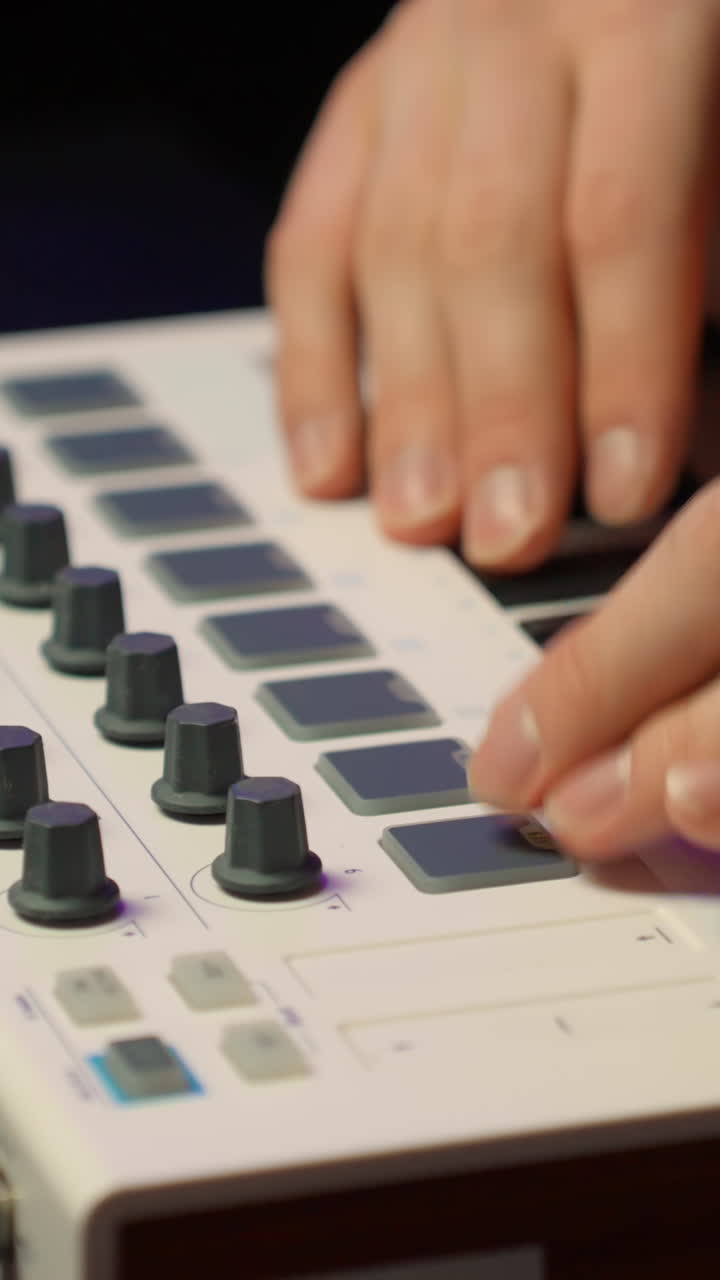 Hands adjusting sound mixer knobs, creating a focused and creative mood