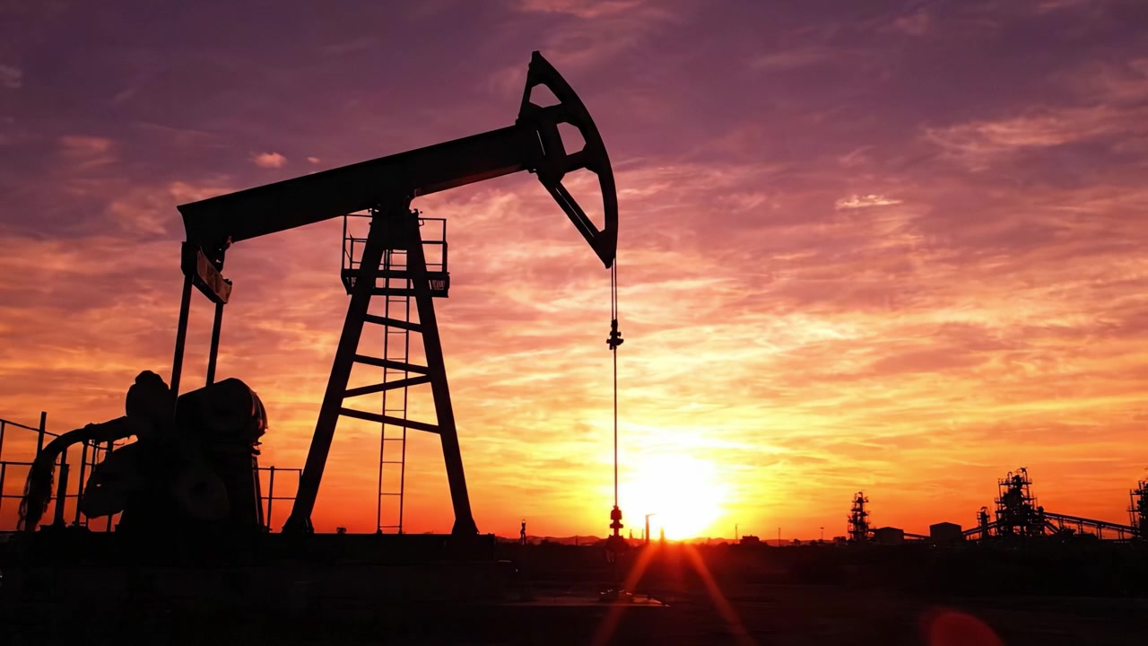 A Stunning Silhouette of an Oil Pump Jack Against a Vibrant Sunset Sky, Capturing the Essence of Energy Production and Nature’s Beauty at Dusk