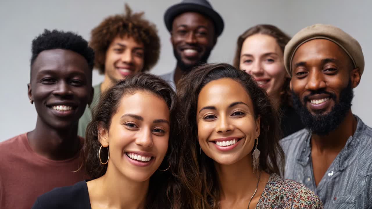 A Vibrant Group of Friends Smiling Together in a Joyful Moment Captured in Two Frames of a Video, Celebrating Friendship and Connection with Happiness