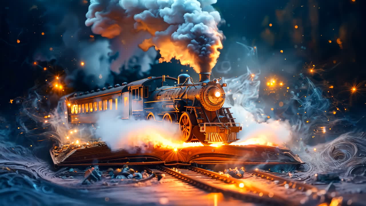 Train Emerging From an Open Book With Smoke and Flames at Night. A detailed steam train bursts from an open book, surrounded by swirling smoke and flames, creating a fantastical scene.