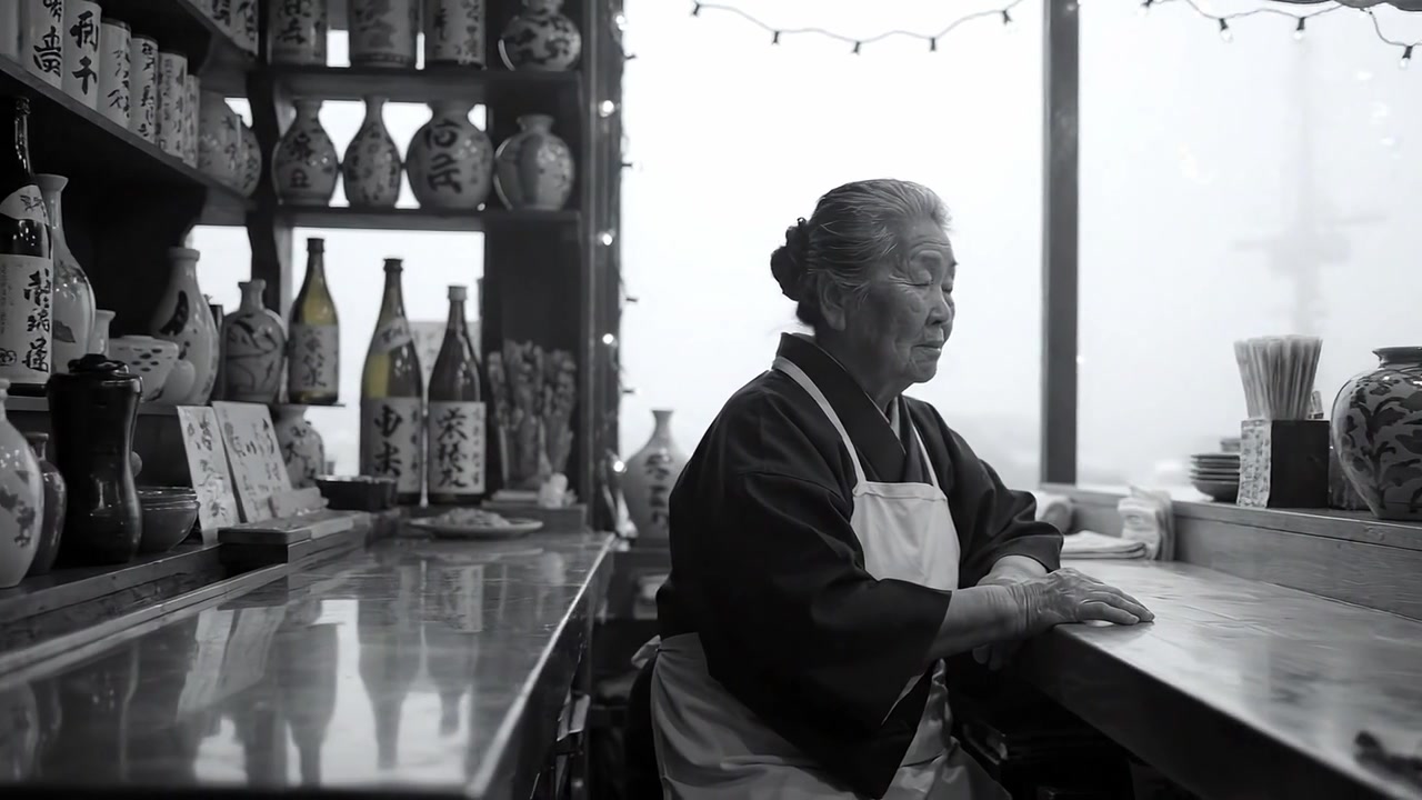Şişeler ve Eserlerle Çevrili Yaşlı Bir Kadının Yer Aldığı Geleneksel Bir Japon Lokantasında Düşünceli Bir An, Nostalji ve Kültürel Mirası Çağrıştırıyor