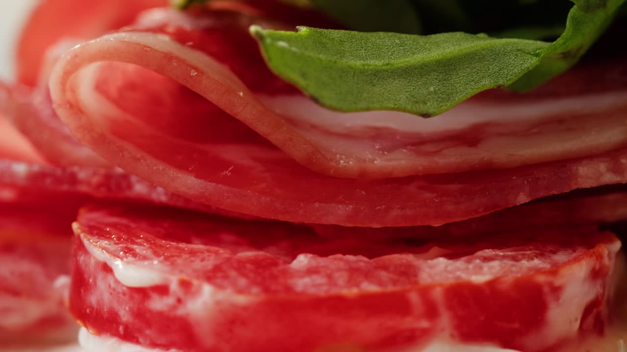 Close-up of a layered sandwich with sliced ham and tomatoes