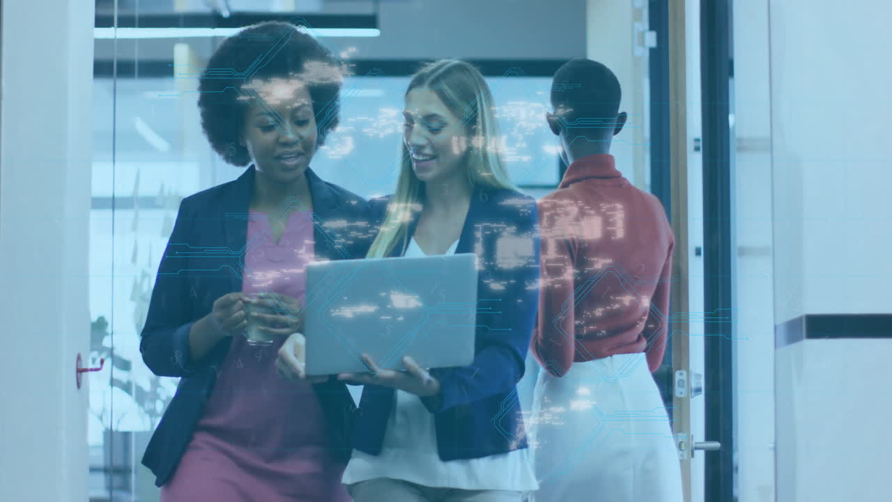In office, businesswomen discussing cybersecurity with digital lock animation overlay