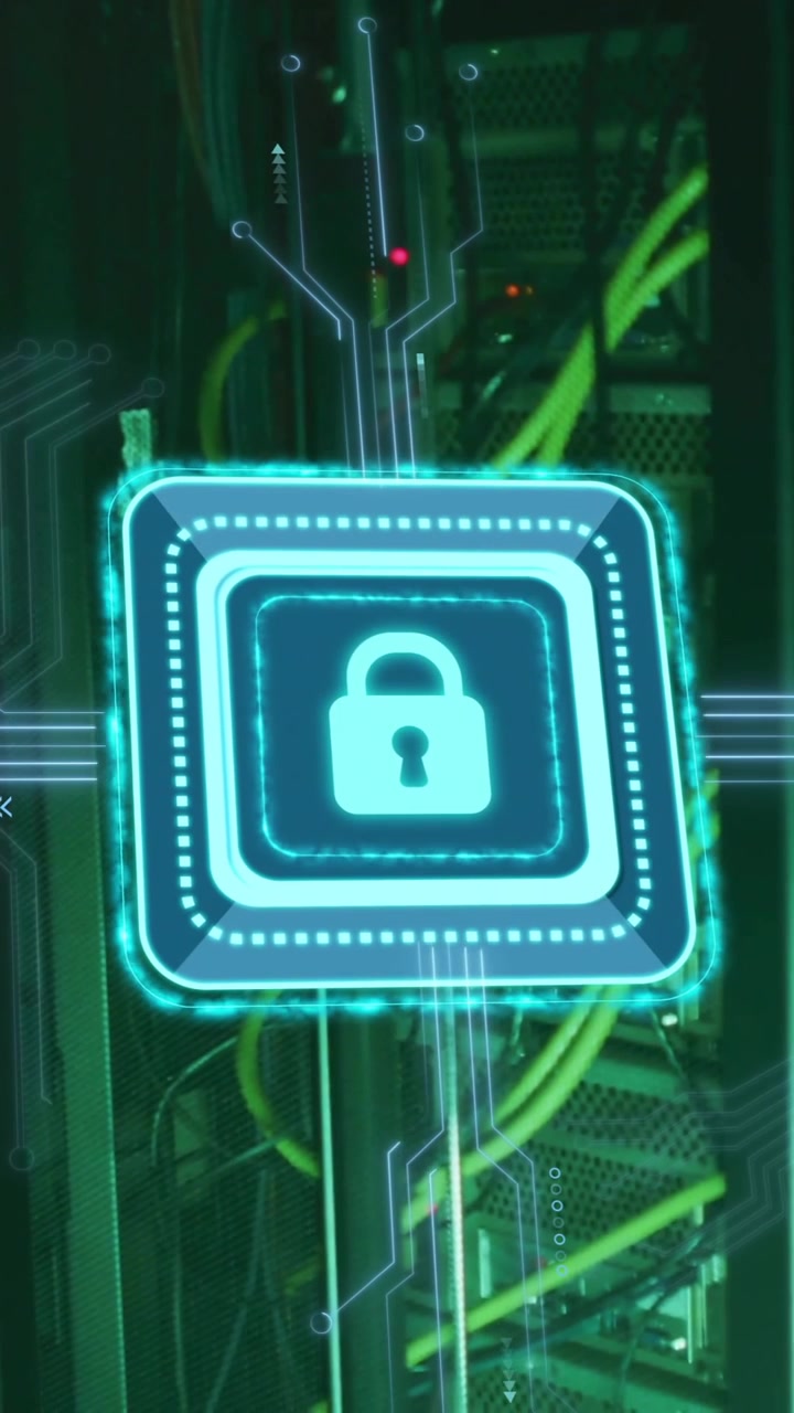 Animation of padlock with connections over server room