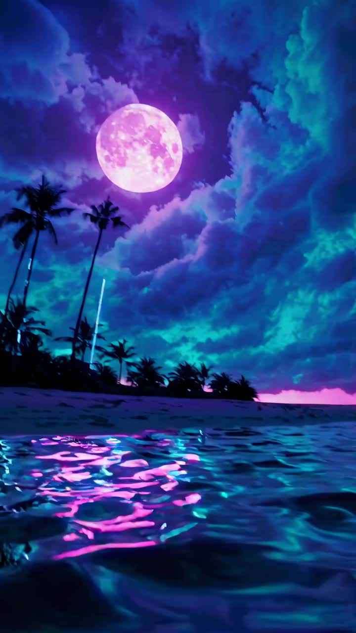 Scena video surreale con vista dal basso di una spiaggia illuminata al neon sotto una vivace luna viola