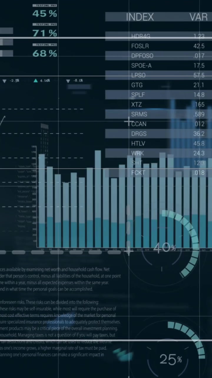 Animation of graphs and data over infographic interface against black background