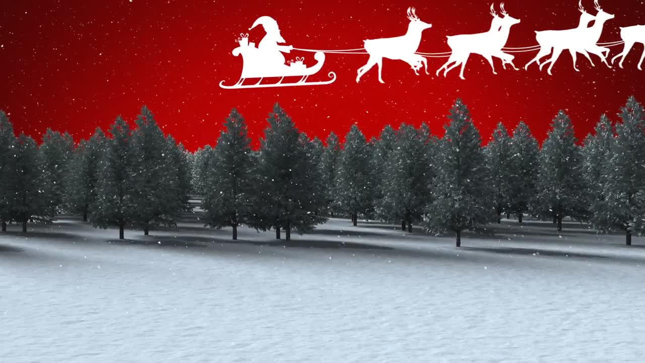 Animation of santa claus in sleigh with reindeer moving over fir trees winter landscape