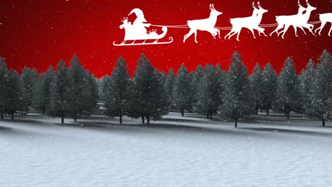 Animation-of-santa-claus-in-sleigh-with-reindeer-moving-over-fir-trees-winter-landscape