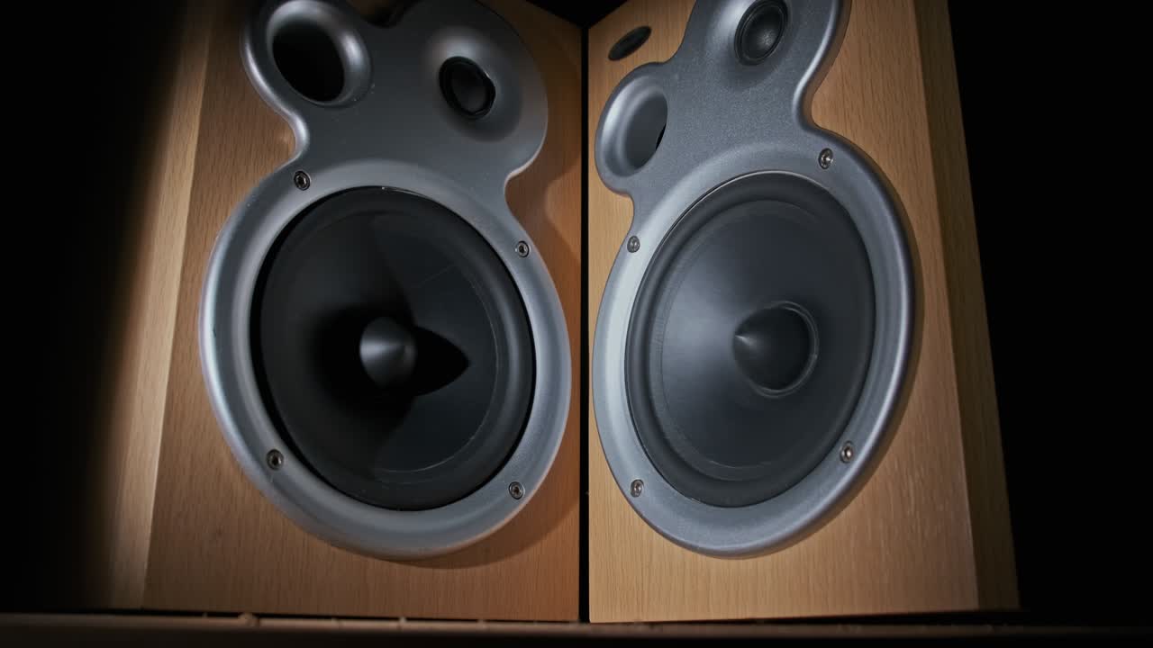 los altavoces de audio vibran de sonido bajo en cámara lenta sobre fondo negro