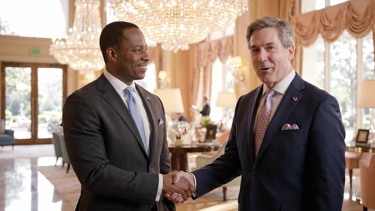 Two professionals share a friendly conversation and handshake in an elegantly decorated lounge filled with luxurious chandeliers and refined furnishings.