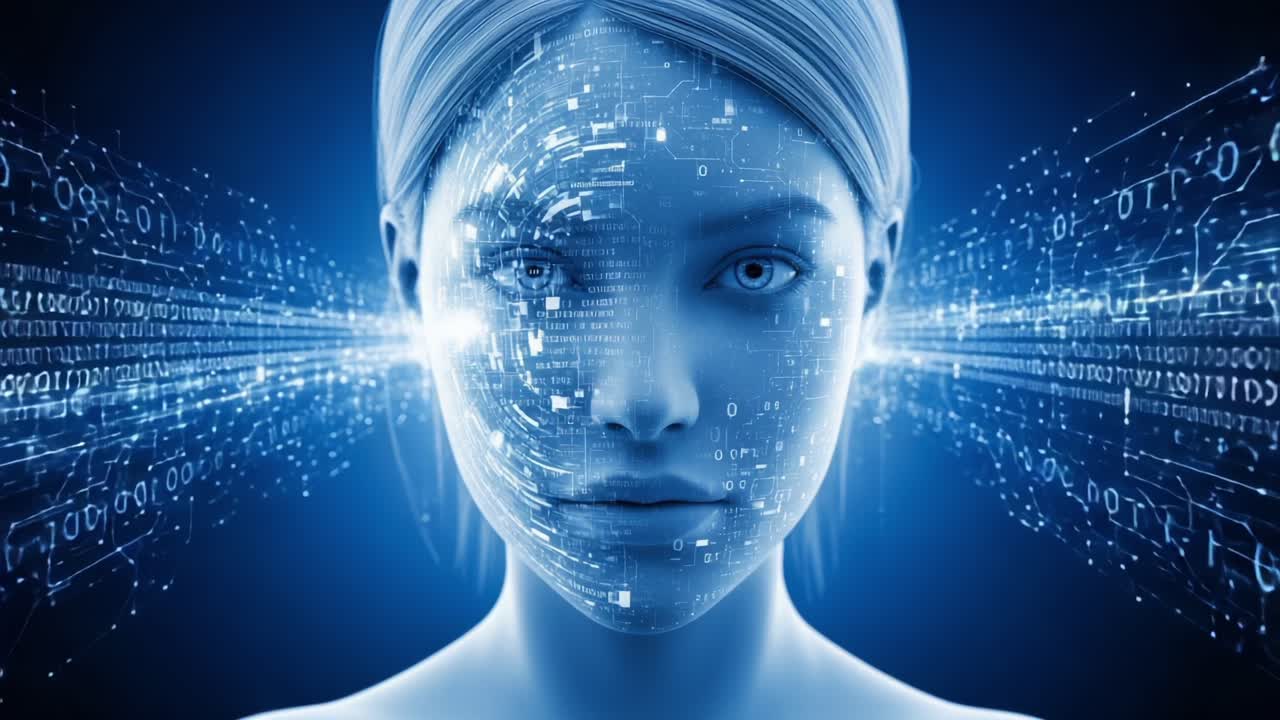 A futuristic representation of artificial intelligence, showcasing a human-like face with digital elements portraying data streams, binary codes, and advanced technology integration