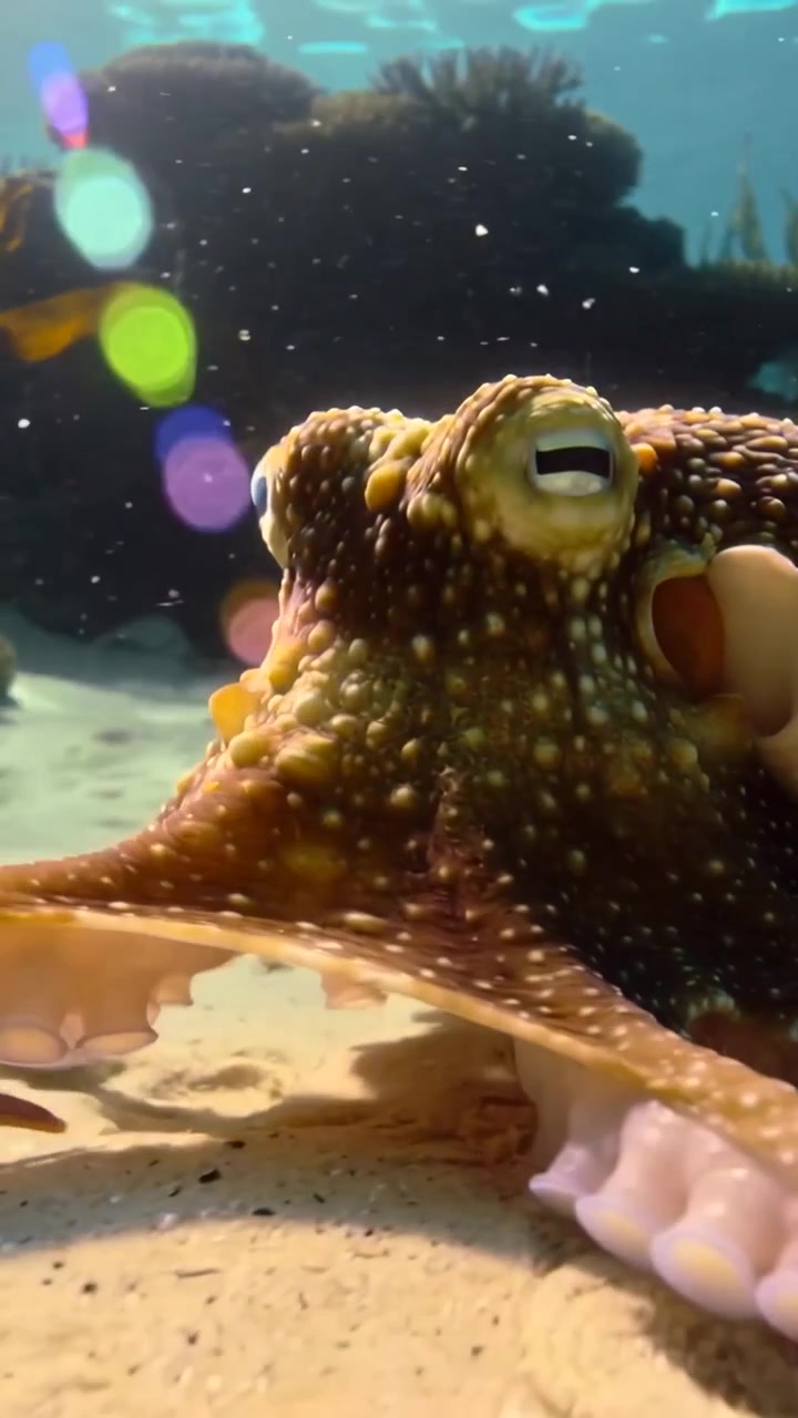 Video verticale: Avvicinamento al corallo, un polpo marrone sonda spingendo i tentacoli nella sabbia, cercando riparo.