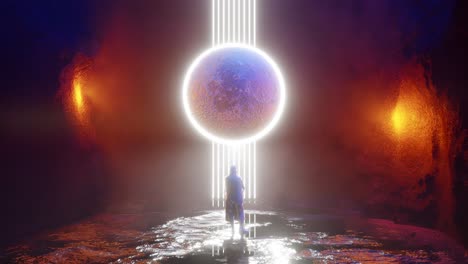 science fiction scene showing a human viewing moon eclipse. 3d render animation