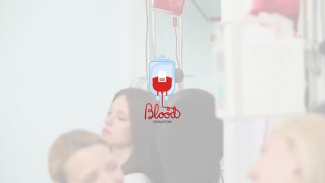 animation of blood bag and blood donation text over caucasian female doctor with patients