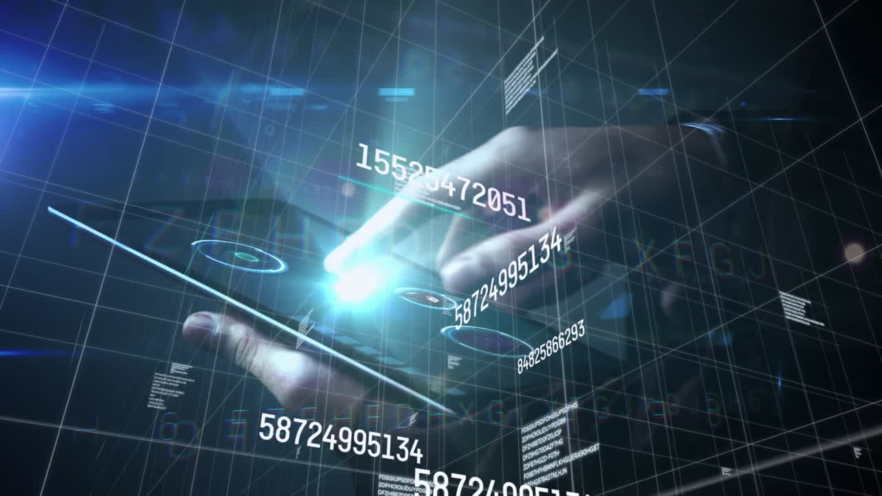 Animation of numbers changing and data processing over grid and man using tablet