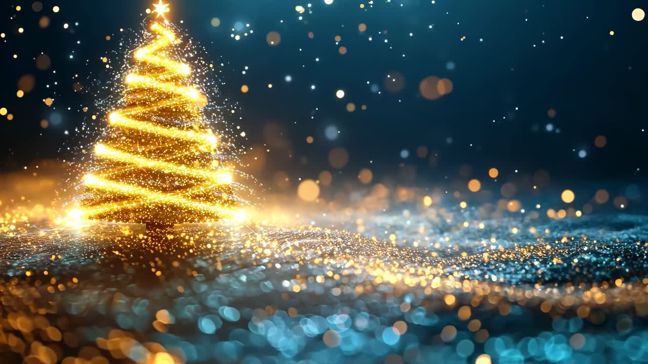 A Christmas tree with lights is lit up in the snow. The tree is surrounded by a blurry background of snow