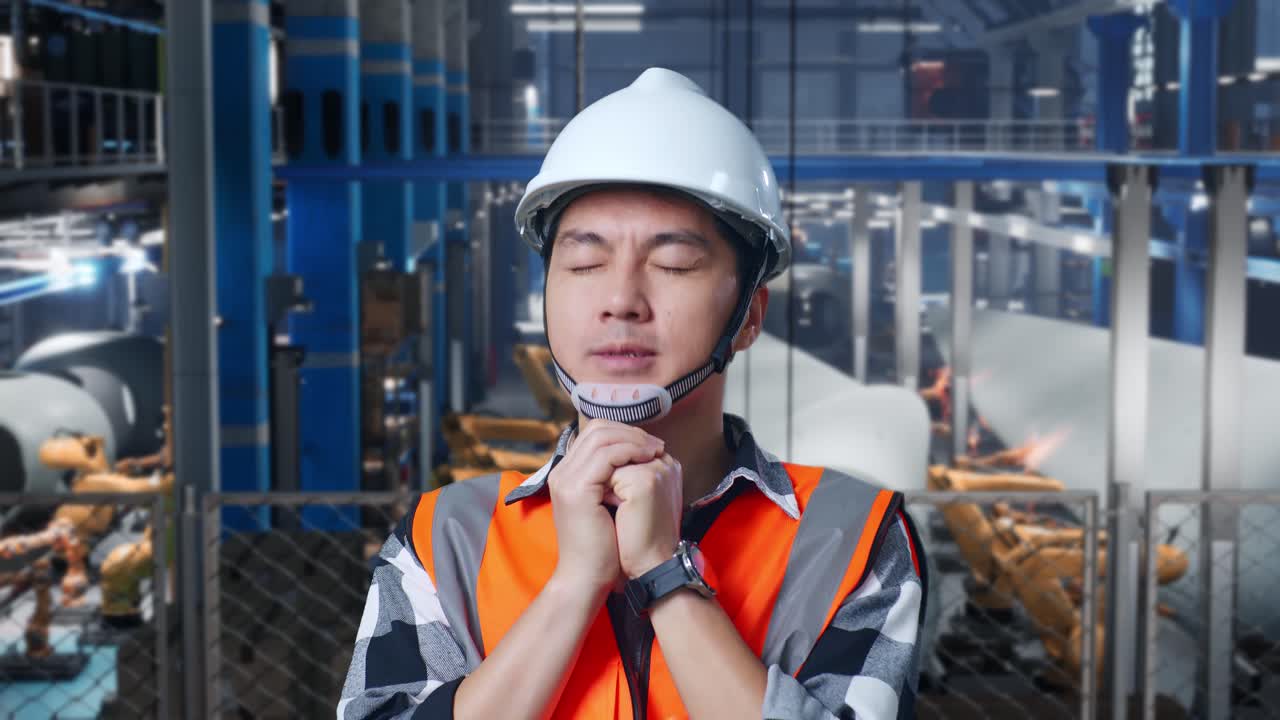 안전 헬을 입은 아시아 남성 엔지니어가 풍력 터빈 제조 공장에서 서서 무언가를 위해 기도합니다.