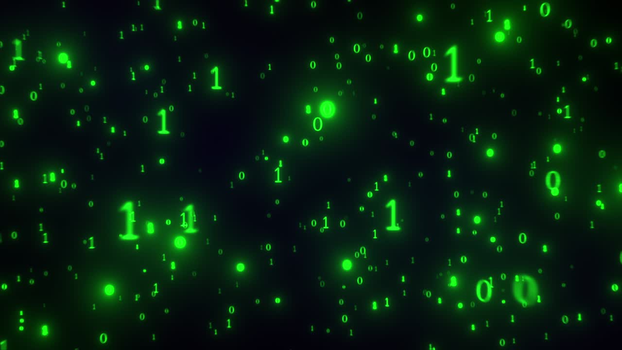 Binary code 1 and 0 flying towards to camera, glowing cyberspace background