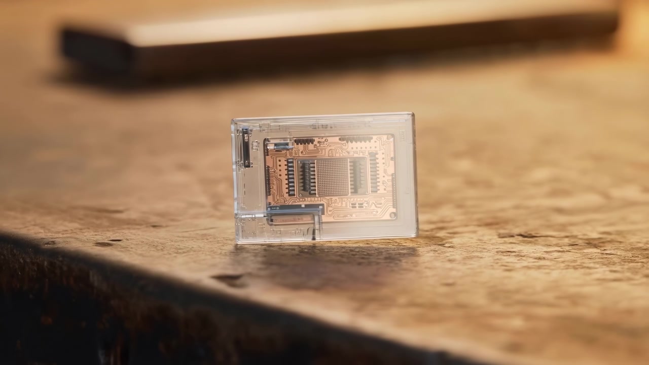 Small clear electronic component sits on rough tabletop as camera view highlights internal structures, reflective casing, neutral tones, soft illumination and close-up product style composition.