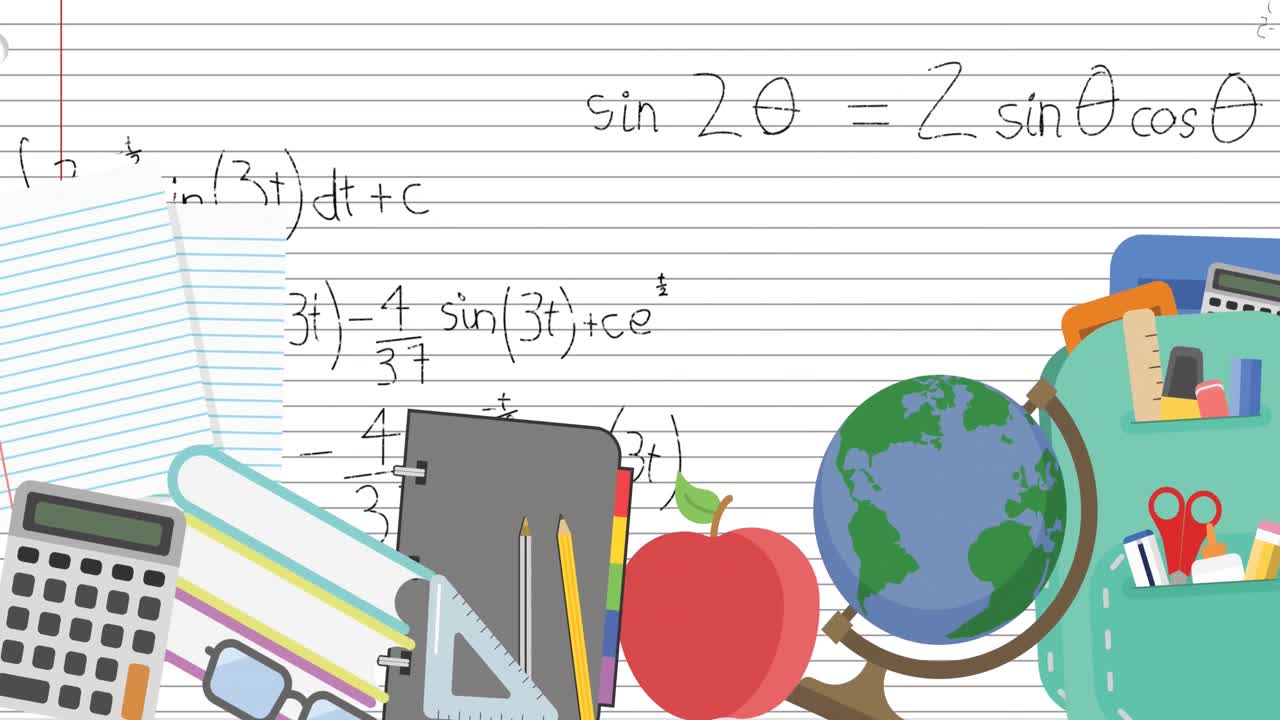 Animasi ikon sekolah dan persamaan matematika di atas kertas bergaris.