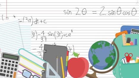 animation of school icons and mathematical equations over lined paper