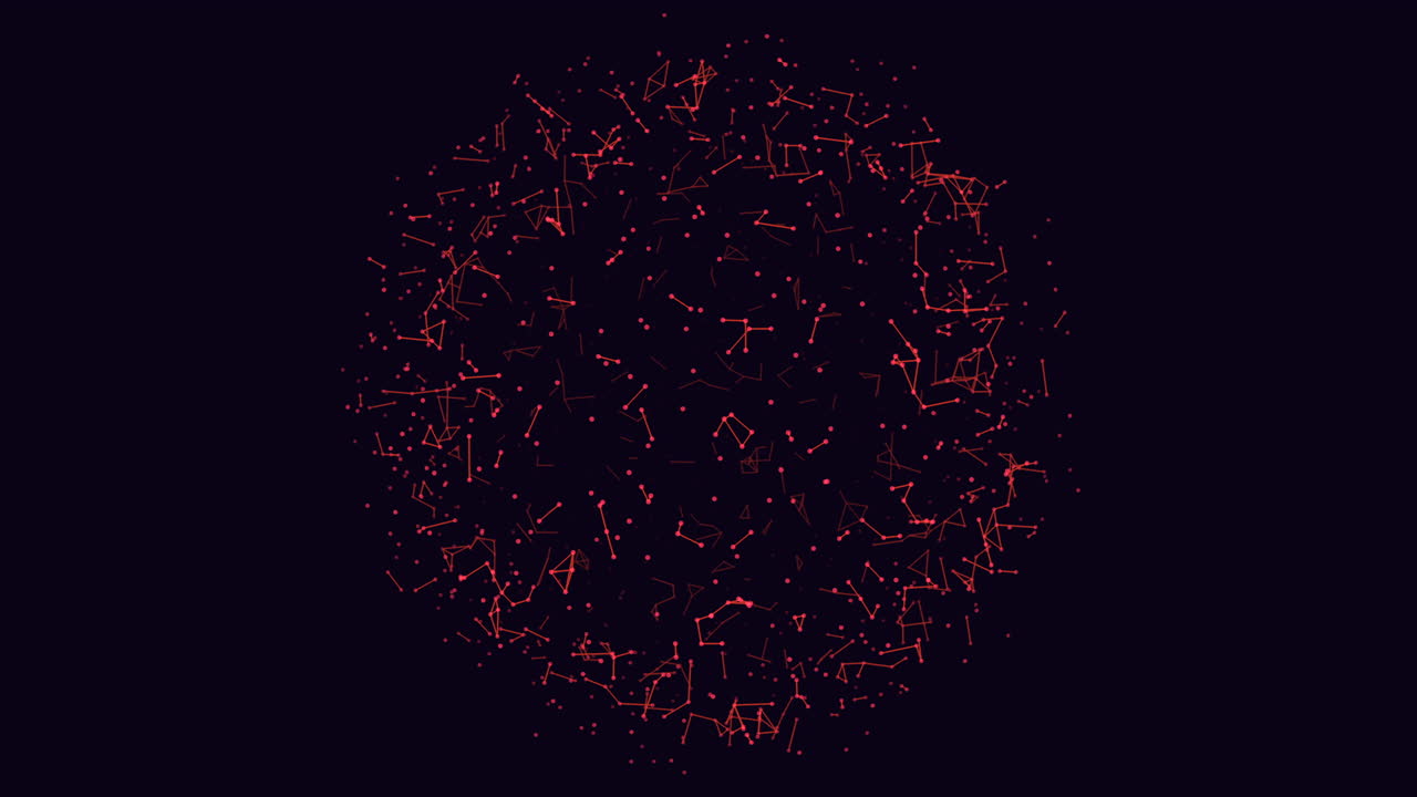Filmato digitale astratto di una sfera di particelle rosse rotante composta da punti luminosi e linee di connessione su uno sfondo scuro, ideale per progetti di tecnologia, dati, scienza o motion design futuristico