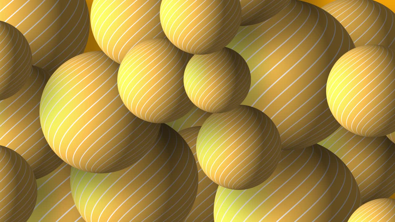 Slow motion 3D animation showing striped line work circular round balls moving on a gradient dynamic background visual effect patterns motion graphics abstract design colour way tones golden orange