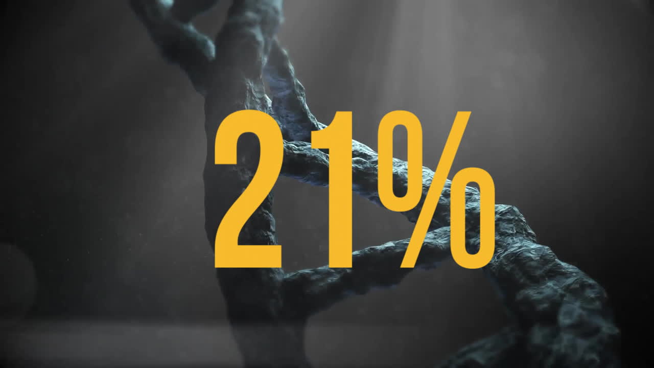 Animation of DNA strand with large yellow 21% text overlay in school setting